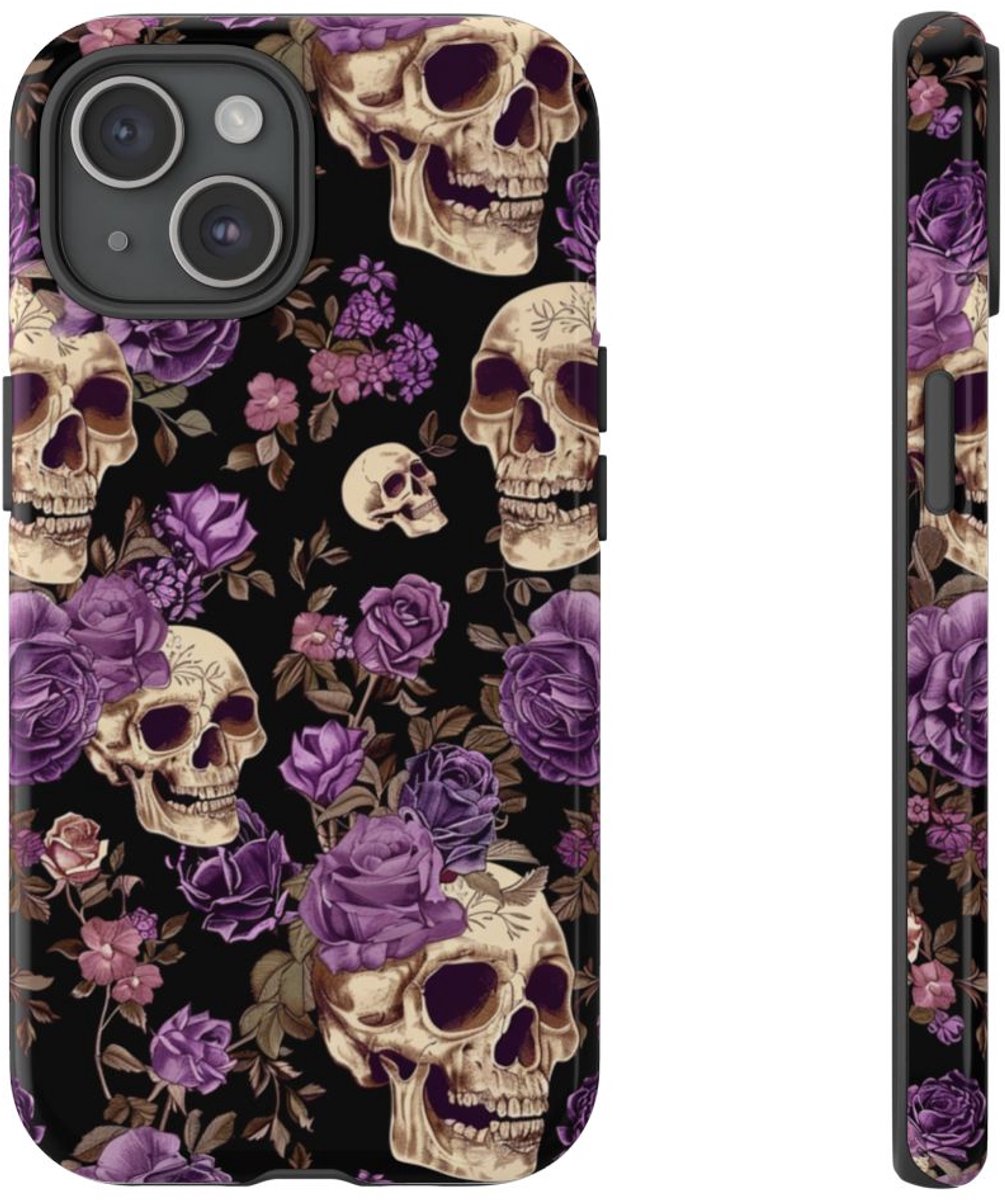 Paarse Rozen en Schedels Patroon – Telefoonhoesje Geschikt voor iPhone 15