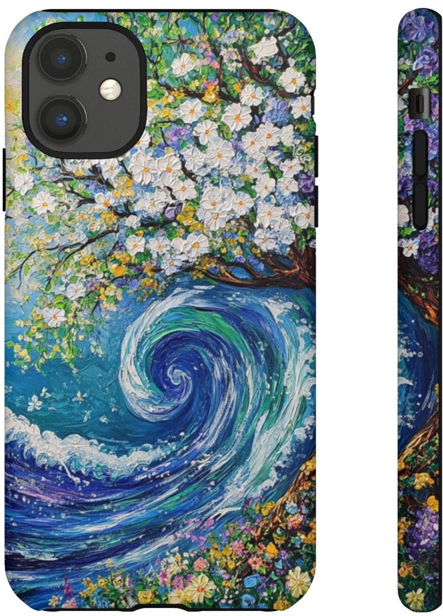 Bloeiende Boom en Oceaangolf Schildering – Telefoonhoesje Geschikt voor iPhone 11