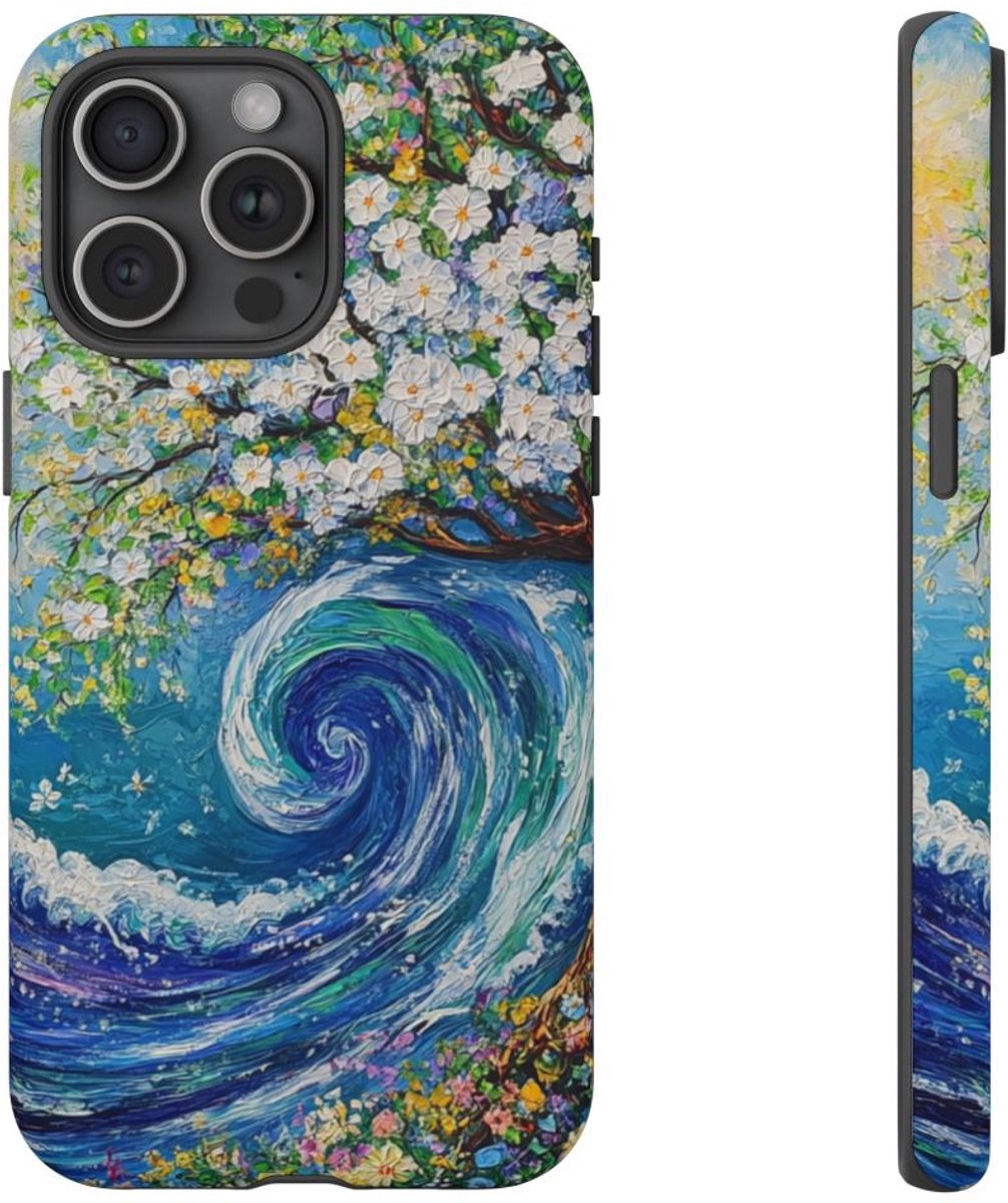 Bloeiende Boom en Oceaangolf – Telefoonhoesje Geschikt voor iPhone 15 Pro Max