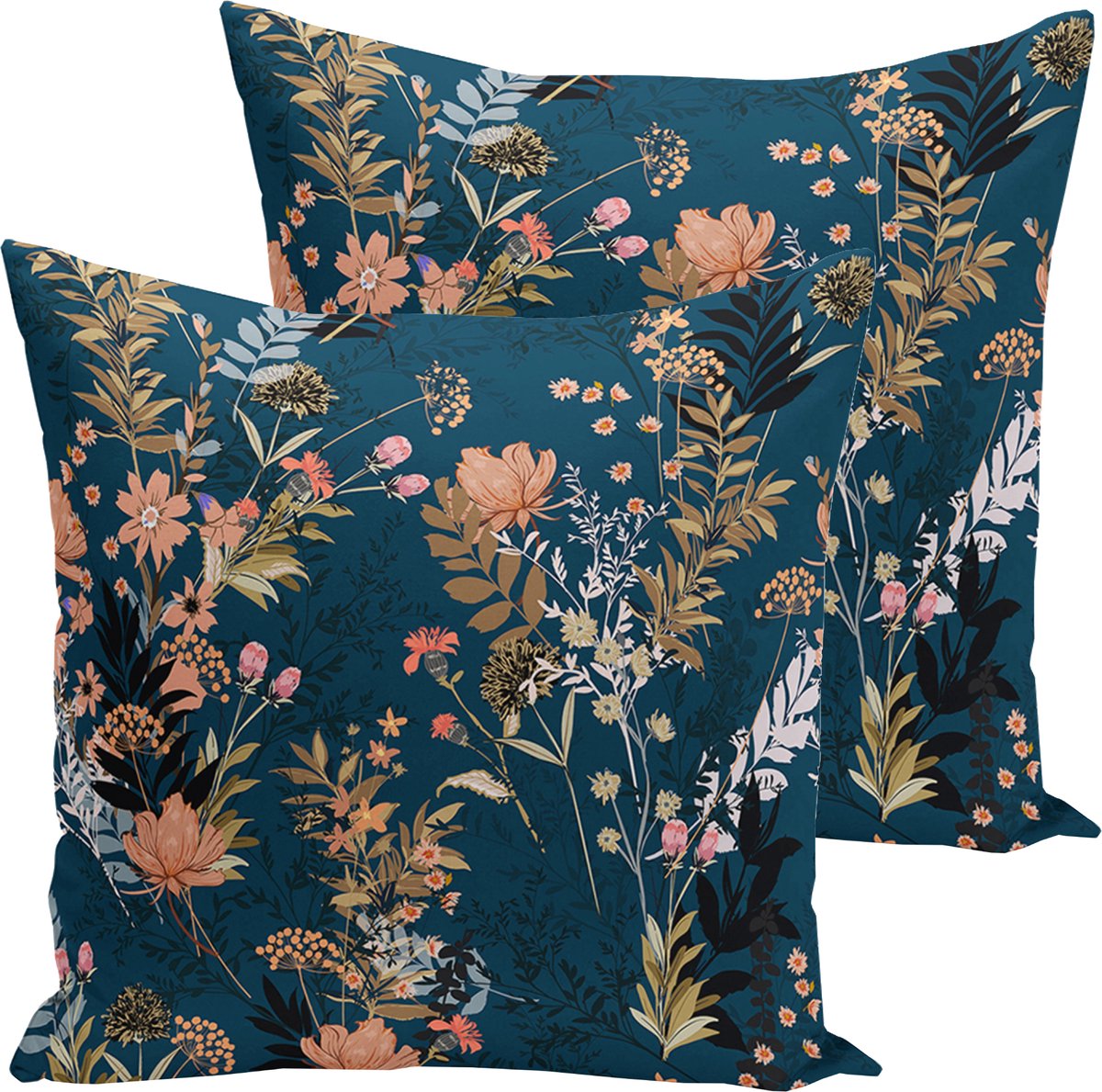Kussensloop - kussenhoes - Sierkussenhoes - hoes voor sierkussens Flora - Velvet Kussenhoesjes set van 2 stuks - 50x50 cm - Bloemen op Donkerblauw