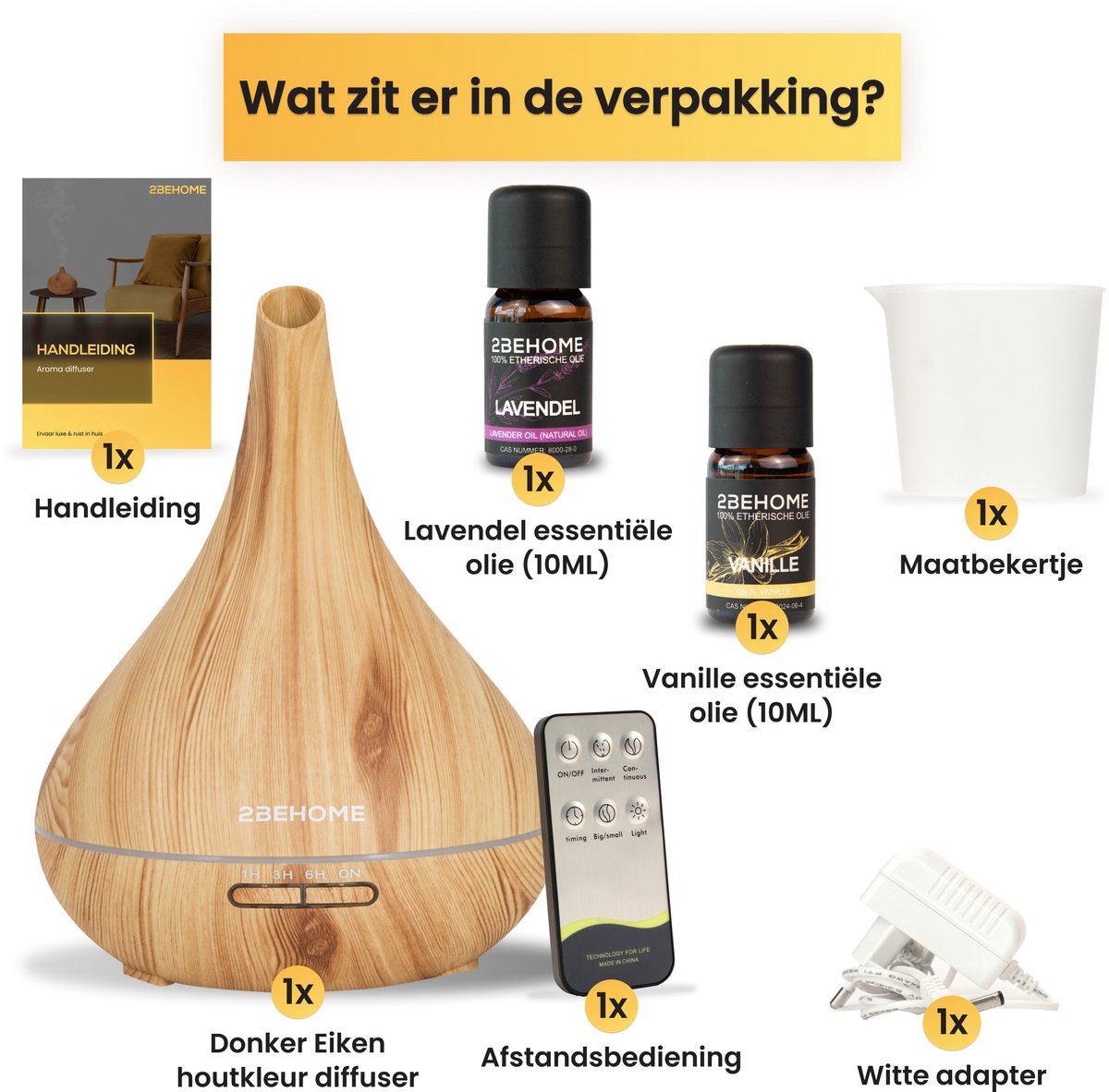 2BEHOME Aroma Diffuser met 2 Etherische Oliën & Afstandsbediening - 550ML - Aroma Diffuser Luchtbevochtiger - Etherische olie diffuser - Essentiele olie Aromadiffusers - Geurverspreider voor Aromatherapie - Lichte Houtlook — cadeau in Wonen & Interieur - foto 8