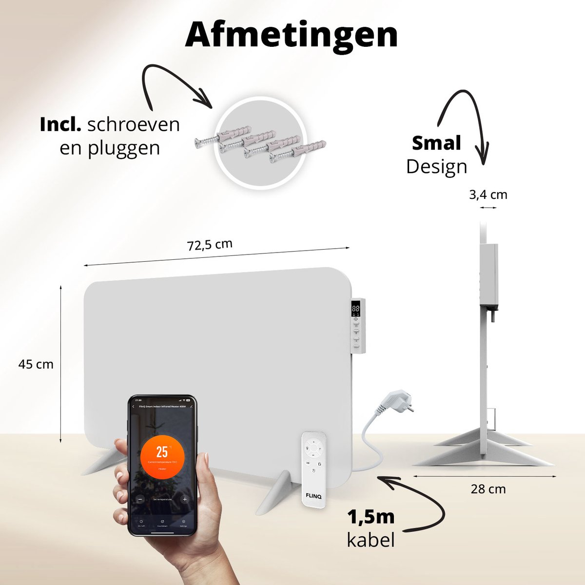 FlinQ Slimme Infrarood Verwarming - Elektrische Verwarmingspaneel - Moderne Kachel - Geschikt voor Badkamer - Staand & Verplaatsbaar - Met Thermostaat - Wit Paneel - 450 W – foto 2