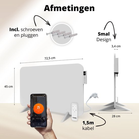 Chauffage infrarouge intelligent FlinQ - Panneau chauffant électrique - Chauffage moderne - Convient pour salle de bain - Debout et mobile - Avec thermostat - Panneau Wit - 450 W