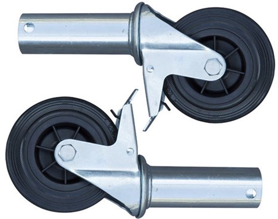 Twee zwenkwielen met zwarte banden en metalen frame, op een witte achtergrond.