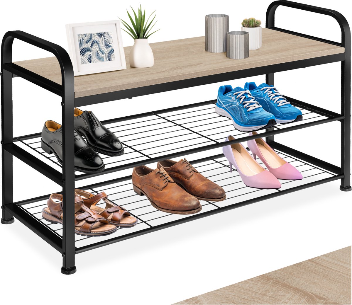 tectake® Smal schoenenrek met zitje - 3 niveaus van 1 zitje en 2 roosterplanken - Schoenenbank van hout en metaal - Industrieel design - Zwart metalen frame - Afmeting (LxBxH) 91 x 36 x 55 cm - Lichtbruin
