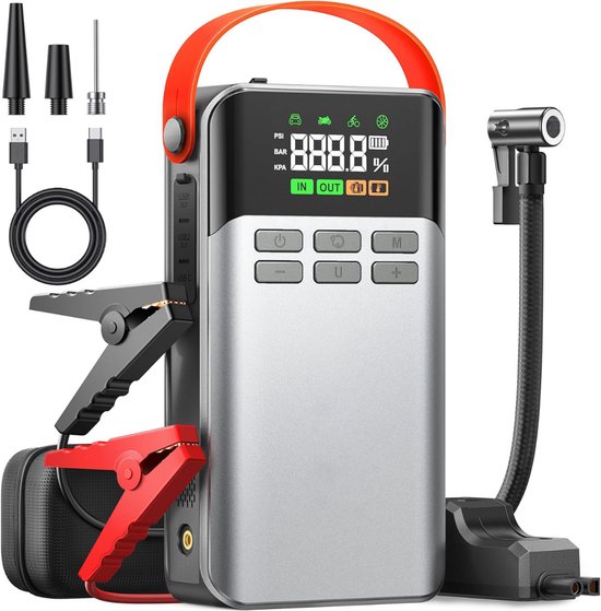 Jumpstarter met Compressor - Startkabels - Starthulp voor Auto - Accubooster - Grijs