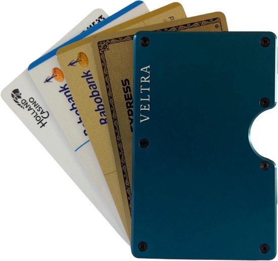 Portefeuille Veltra - Porte-cartes - Minimaliste - Homme et femme - Protection RFID - Aluminium - Jusqu'à 15 cartes - Mécanisme à ressort - Pince à billets - Billets - Bleu marine