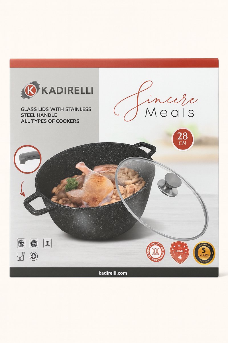 Kadirelli Braadpan 28 cm – Zwart – Met Glazen Deksel en RVS Knop – Geschikt voor Inductie en Alle Warmtebronnen