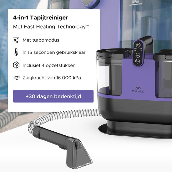 Motionflow 4-in-1 Tapijtreiniger - Verwarmingsfunctie en zelfreinigend - Vlekkenreiniger - Reinigingsmachine voor bank, vloer, auto en tapijt - Zetelreiniger met 4 Borstels / opzetstukken - Carpet Cleaner inclusief Schoonmaakmiddel