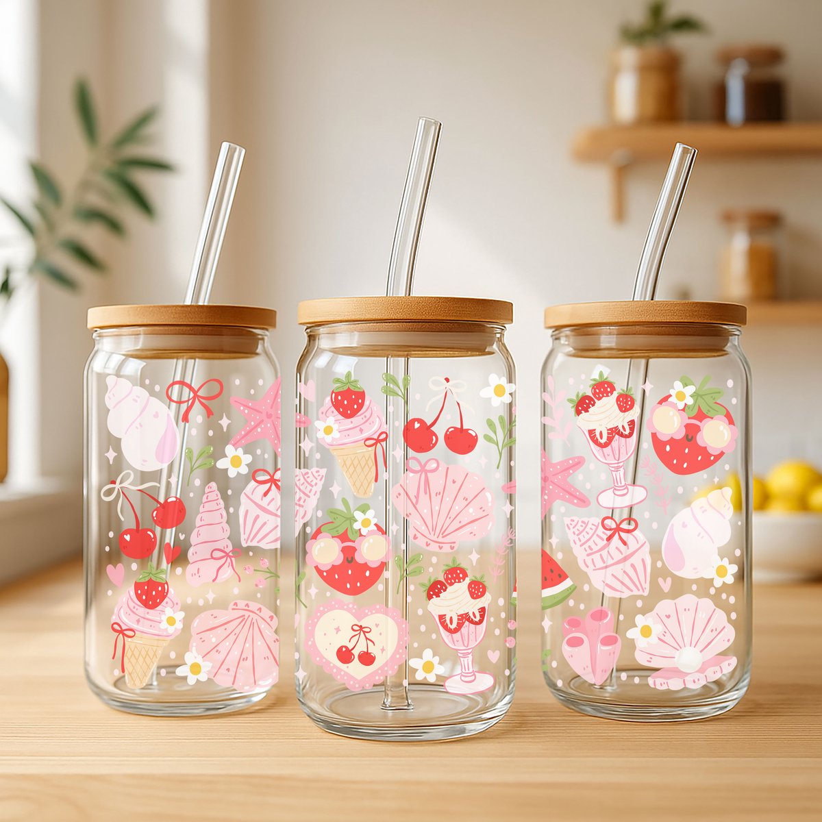 Creasowl® Beachy Berry Bliss Glazen Beker 500ml – Summer Aesthetic Glas met Deksel & Rietje