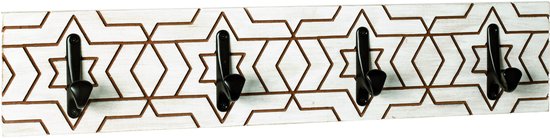Kapstok – Zwart-wit MDF met gefreesd motief – 4 zwarte metalen haken ...