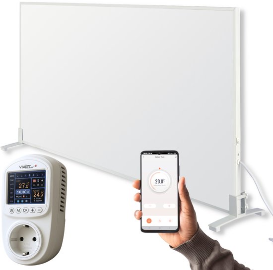 Wit infrarood paneel met een digitale thermostaat en een smartphone die een app toont.