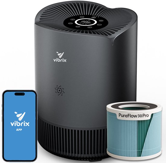 Vibrix PureFlow30 Pro Luchtreiniger / Air Purifier – HEPA H14 + koolstoffilter inbegrepen – 180 m³/u, voor kamers tot ca. 30 m² – Ionisator – App-bediening – Zeer stil & slaapstand – Luchtkwaliteitindicator – Helpt bij stof, pollen & huisstofmijt
