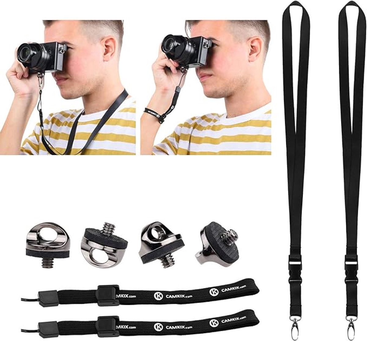 Snelschroeven (4x) voor Camera met Statiefaansluiting - Inclusief 2 Halsbanden, 2 Polsbandjes en Reinigingsdoek - voor Camera's met 1/4" / Tripod Aansluiting