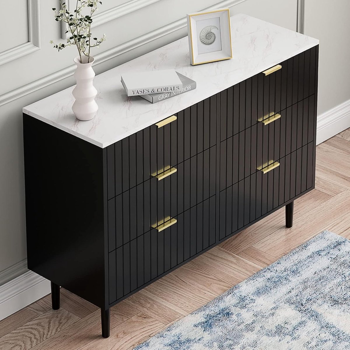 UEV Slaapkamer Ladekast met 6 Laden, Marmeren Plafond, Opbergmeubel, Slaapkamer/Woonkamer 100 x 34 x 73 cm, Opbergladekast, Scandinavisch, Zwart (Marmeren Plafond)