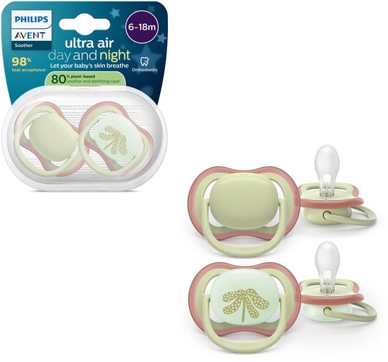 Philips Avent Ultra Air fopspeendoos met twee lichtgroene fopspenen met libelpatroon.