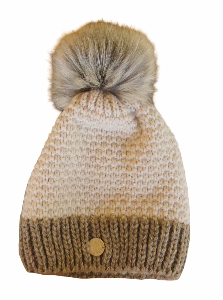 Twee kleurige dames muts met omslag en pompon - fleece en lurex