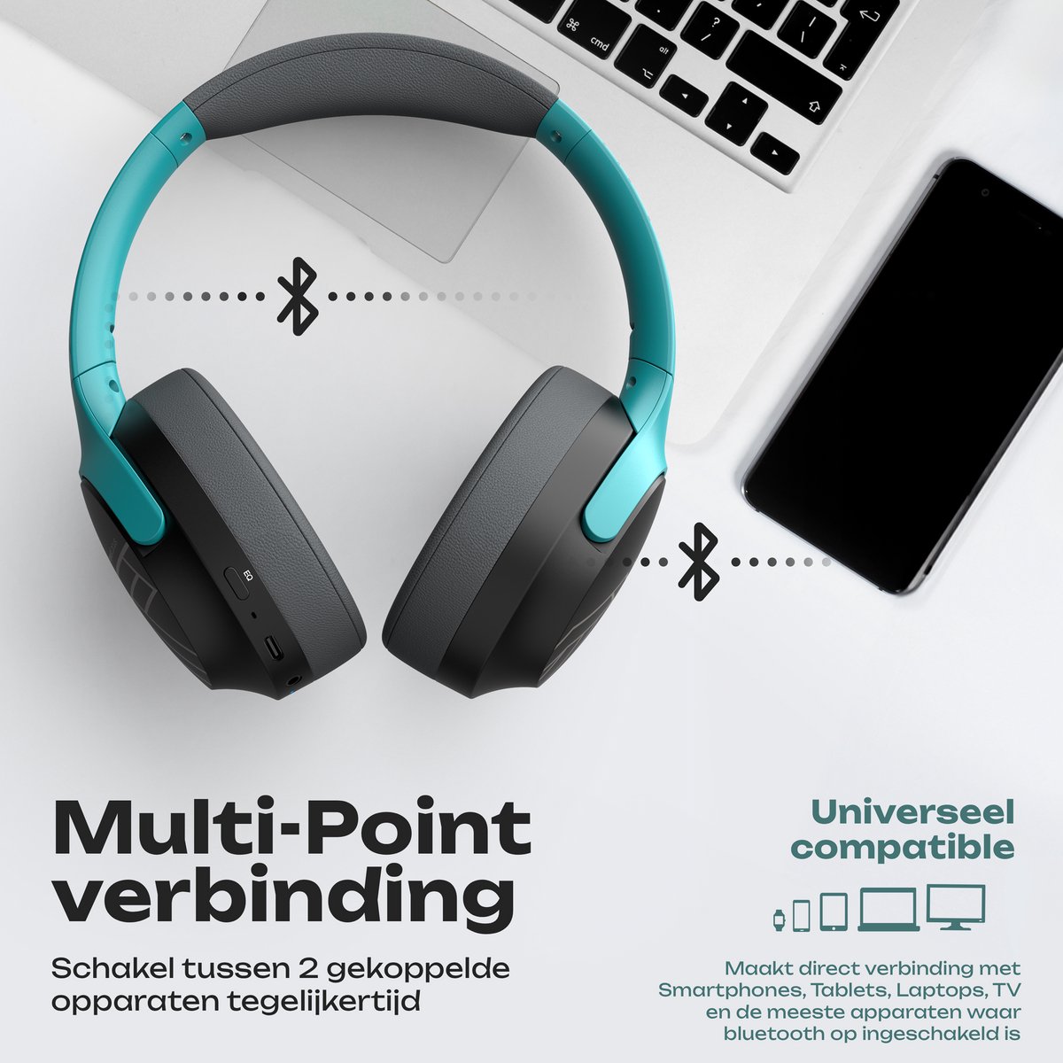 PowerLocus Boom - Koptelefoon Bluetooth - 60 uur batterijduur – Over Ear Koptelefoon Draadloos – 4 EQ-modi - Met Microfoon - Mint/Grijs – foto 2