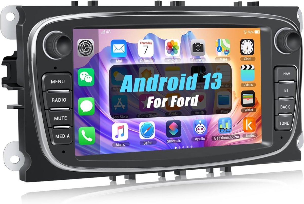 Podofo autoradio voor Ford Focus C-Max S-Max Mondeo Kuga Galaxy Mondeo Kuga met draadloze Carplay Android Auto, Android 13 radio met 7 scherm, GPS, RDS achteruitrijcamera en microfoon, wit