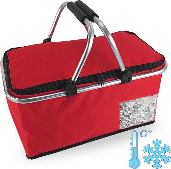 Sac isotherme – Panier pique-nique isotherme – Glacière pliable – 24 L – Rouge – Sac isotherme pour pique-nique avec poignée – 43 cm