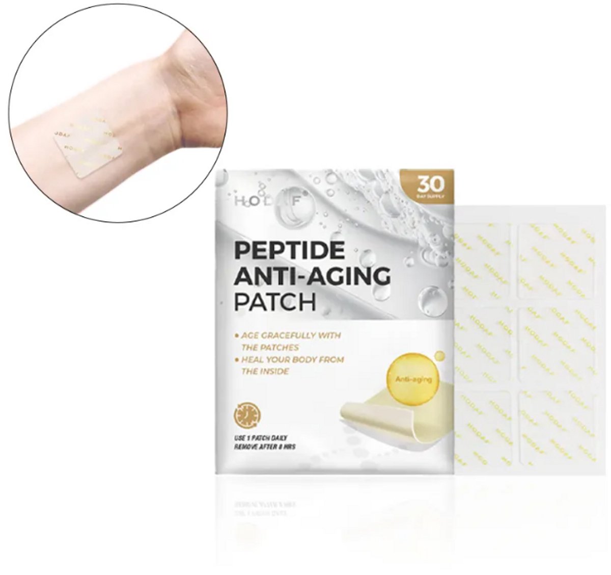 Peptide Anti Veroudering Sticker / Pleister - BIOHACKING, Peptide Anti Aging Patch - Voorkom veroudering, Ondersteund je lichaam van binnenuit - Vitamine A, C, D3, E, B3, B6, B9, Selenium, CoQ10, Visolie, Reservatrol, Glutatione Transdermale pleister