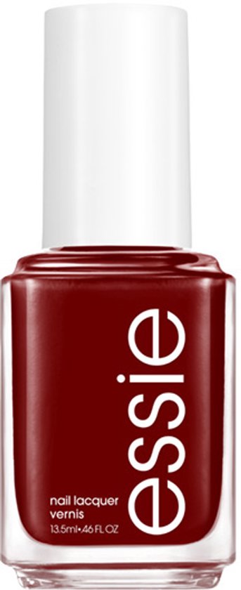 Essie nagellak in diep donkerrood met witte dop.