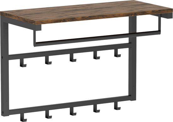 Zwarte kapstok met houten plank, draadstang en meerdere haken.