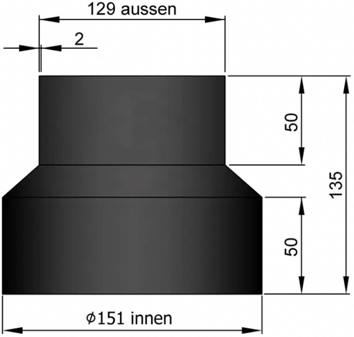 Kachelpijp verloop 150 -130 mm - staal 2mm dikwandig - zwart