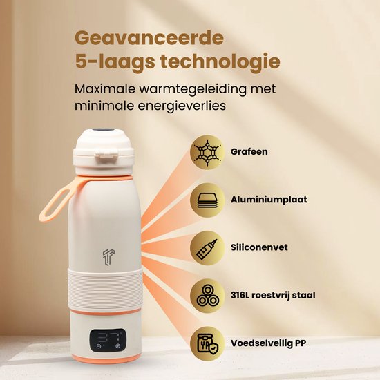2-1 Flessenwarmer Baby - 2/5 min warm- 500ML–Flessenwarmer voor onderweg–Thermosfles - USB-C Oplaadbaar Trennety® ThermiGo™ van Merkloos — afbeelding 3