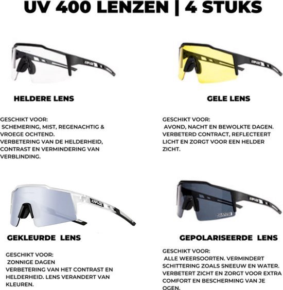 KAPVOE Sport Zonnebril - COMPLETE SET - 4 GLAZEN - Fietsbril - Sportbril - Mountainbike - Wielren - Ski - Wintersport - Polariserend - UV 400 - Nachtbril - Hoesje -Brillenkoker - Wit Transparant - apres ski van Kapvoe — afbeelding 4