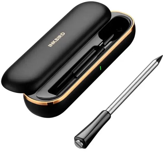 Zwarte INKBIRD thermometer met gouden rand en bijpassende opbergcase.