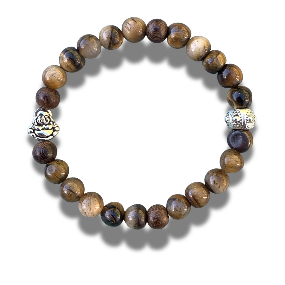 Armband -natuursteen - tijgeroog - agaat - hout - Buddha teken - Boeddha - 8 mm 21 cm