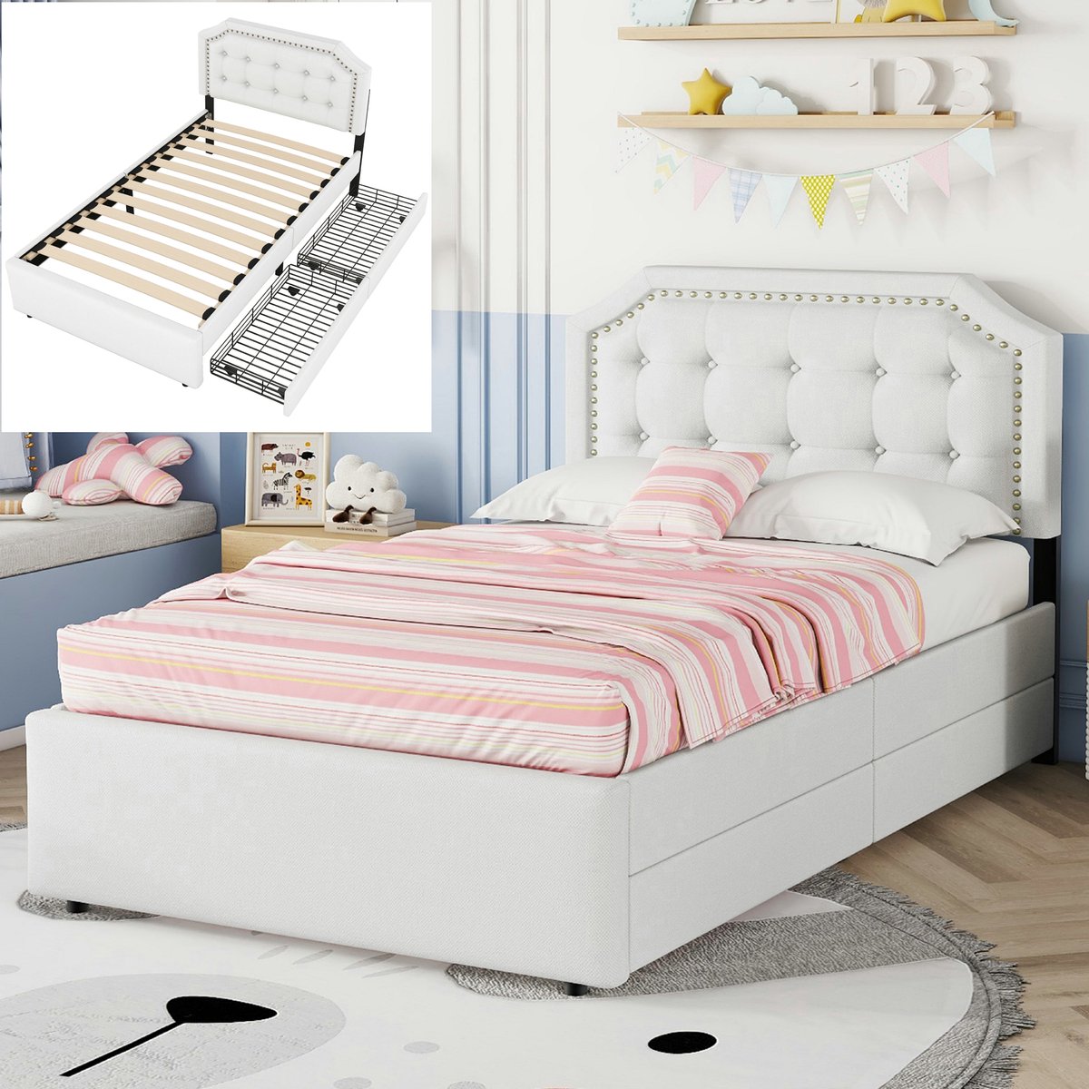 Eenpersoonsbed 90x200 cm met 2 lades en lattenbodems, opbergruimte bed Volwassenen bed , eenvoudig en elegant ontwerp - linnen stof - lichtbeige(Matras niet inbegrepen)