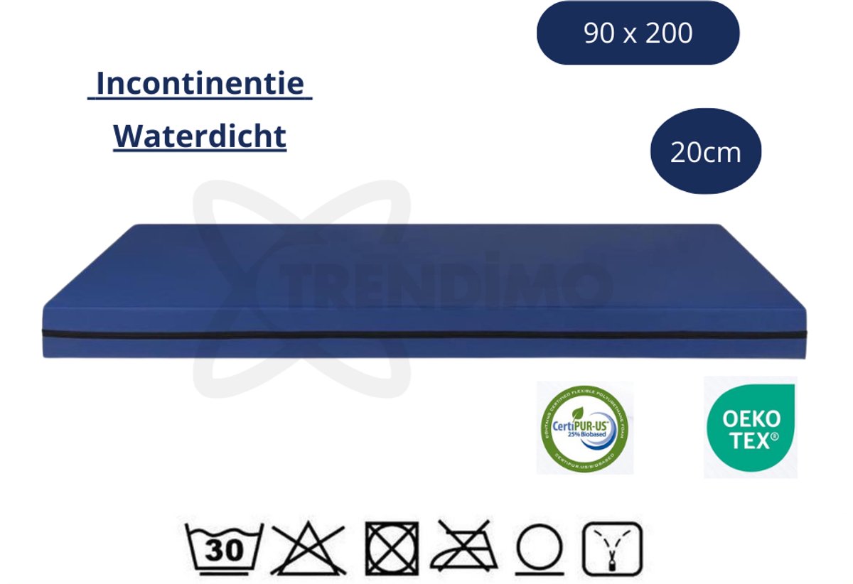 Trendimo Zorgmatras Koudschuim HR - 90x200 20 CM Waterdichte Incontinentie matras Blauw