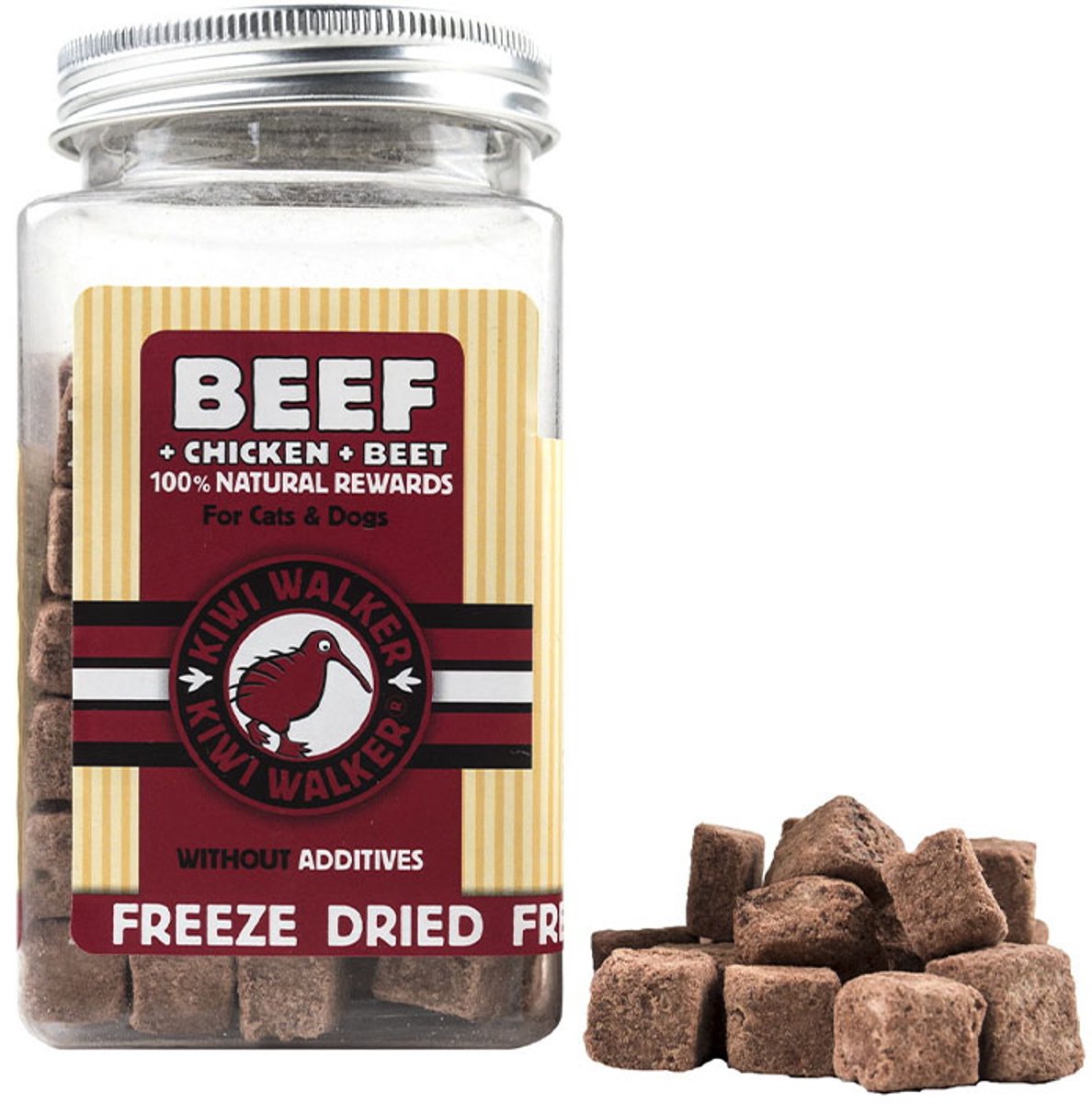 kiwi walker honden en kattensnack - BEEF MET KIP EN RODE BIET BLOKJES - 90 GR - 100% NATUURLIJK - geen additieven
