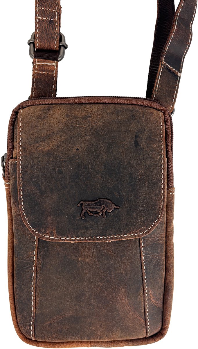 Cognac crossbodytasje vintage buffelleer - Riemtasje - Festivaltasje - vakantietasje - Paspoorttasje - Arrigo