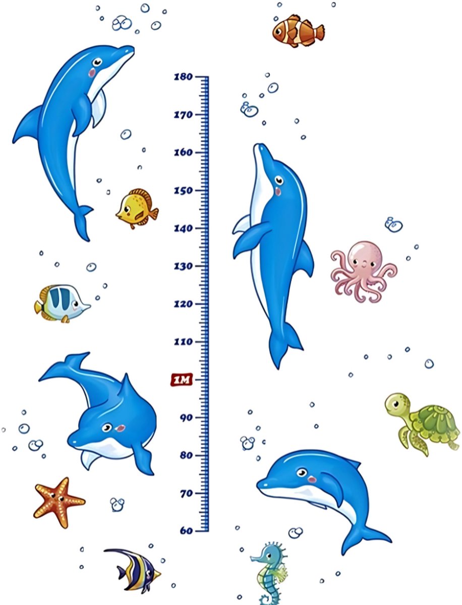 BoefieBoef Dolfijnen Groeimeter Muursticker – Oceaan Meetlat 30x90 cm – UV-bestendig – Waterdicht Vinyl – Kinderkamer Decoratie – BoefieBoef