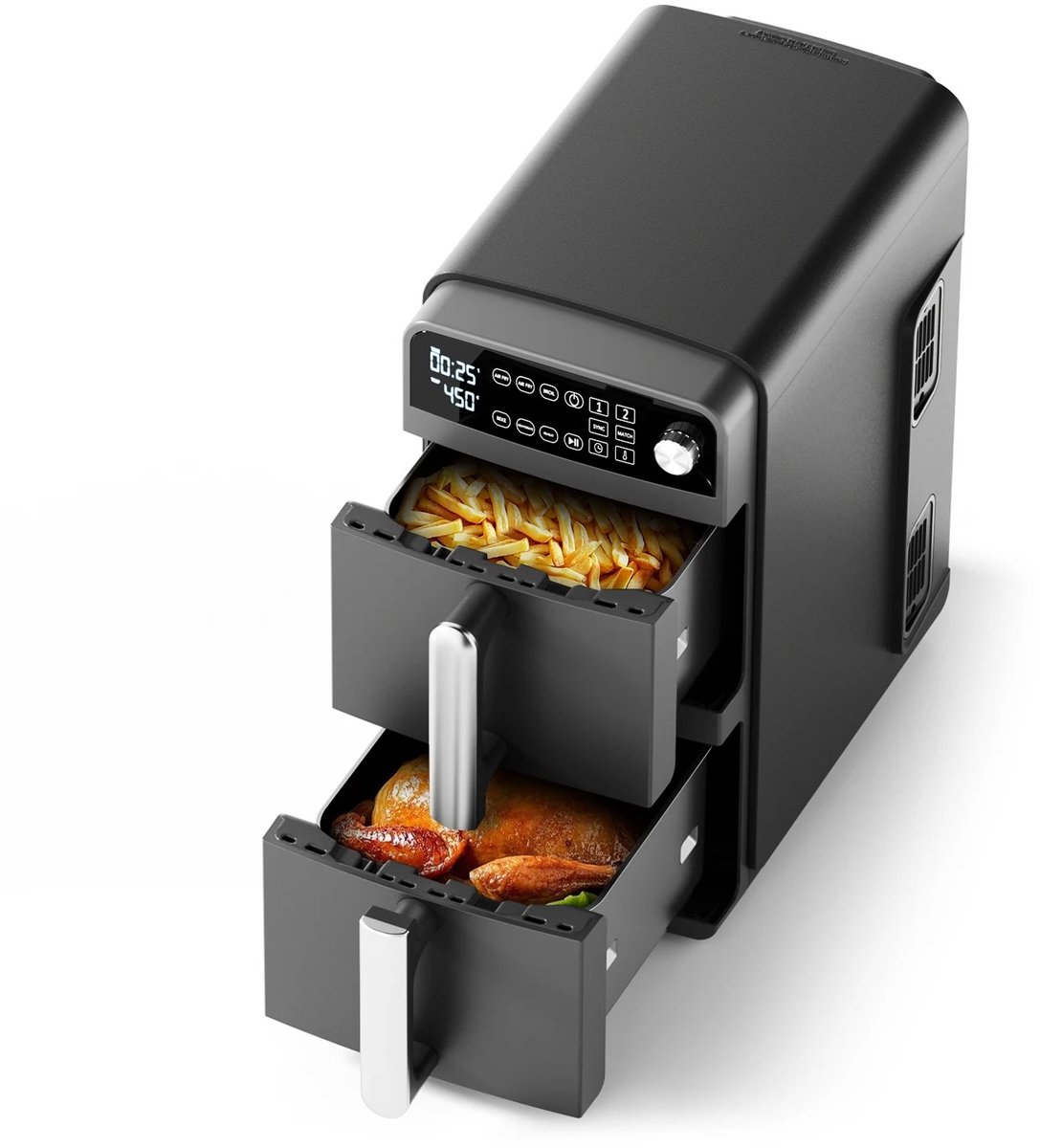 Mila Shop Dubbele airfryer - Kookt 4 voedingsmiddelen tegelijk - Ruimtebesparend ontwerp - 2600W - 44.7 x 44.5 x 24cm