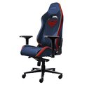 Blauwe Superman gaming stoel met rood-gele bies, Superman logo en verstelbare armleuningen.