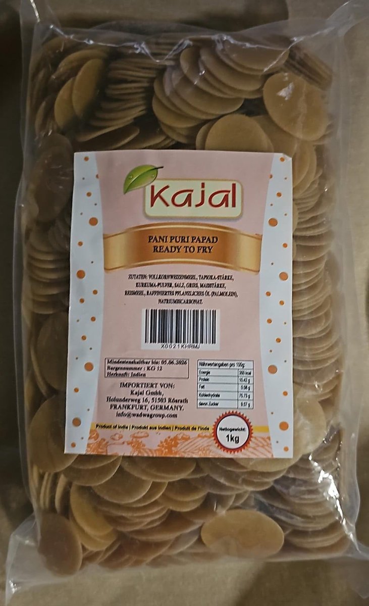 Pani Puri-pellets om te frituren, Golgappa, verpakking van 1 kg met Kajal Sticker