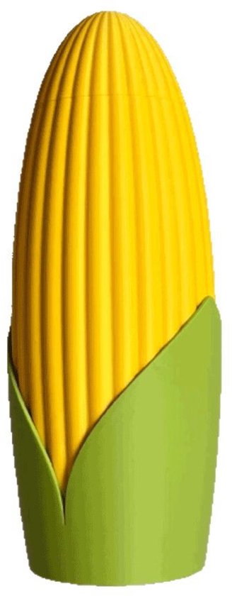 Gele maïskolfvormige snackdoos met groene bladeren aan de onderkant.