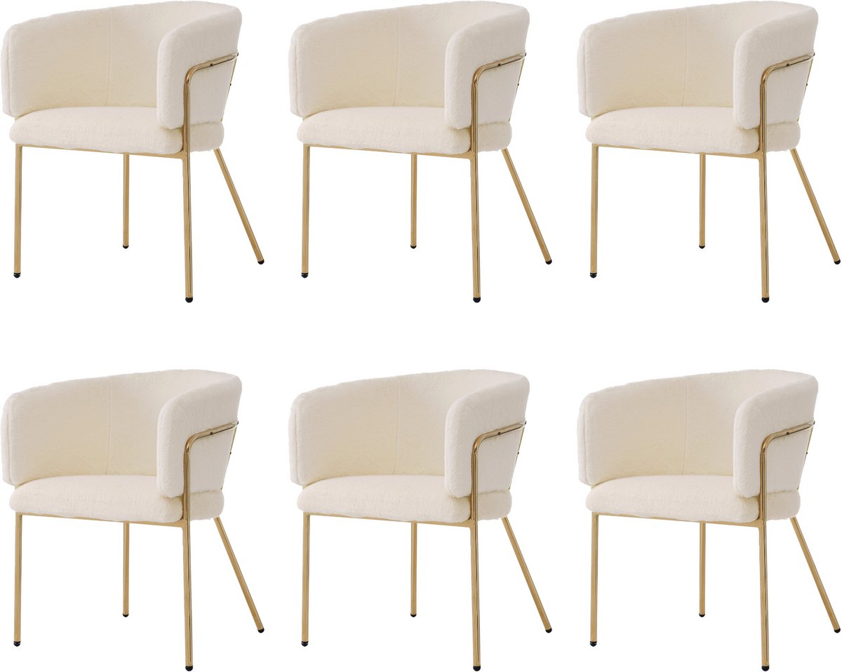 Lounge stoel - set van 6 - kapstoel - woonkamer en slaapkamer - eetkamerstoel - imitatie konijn dons - beige