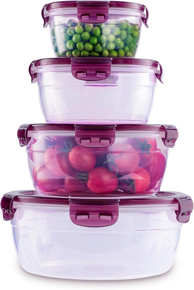 Set van 4 voedselcontainers met deksels - Luchtdicht - Stapelbaar en lekvrij - Herbruikbaar - Gemakkelijk mee te nemen - Voedselcontainers voor maaltijdvoorbereiding - Magnetron-, vriezer- en vaatwasserbestendig - Paars