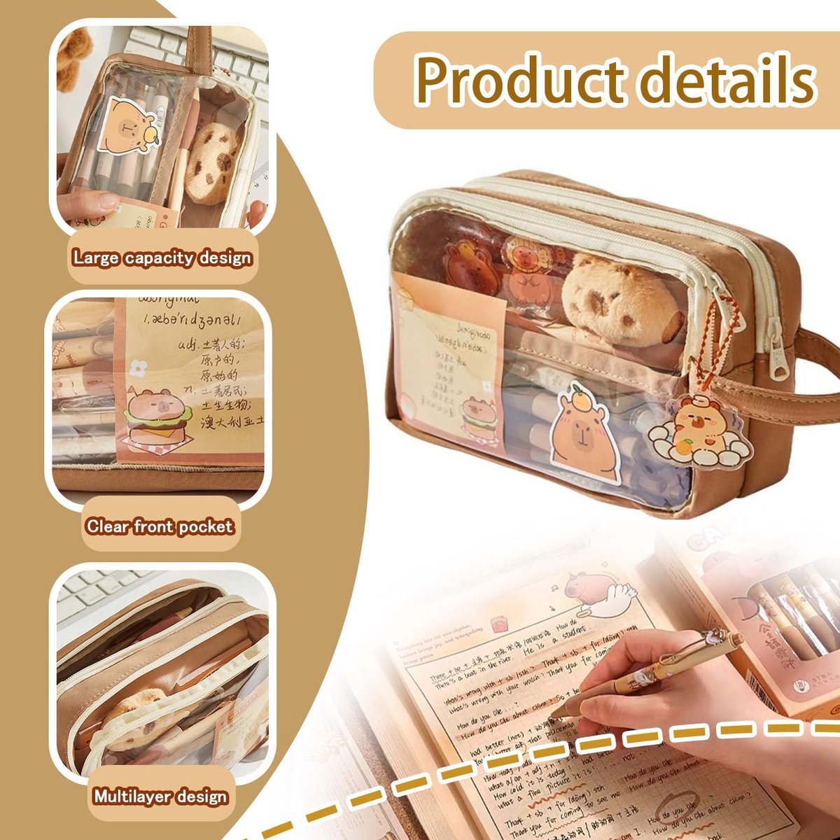 Kawaii Capybara Pennenetui – Meerlaags, Grote Capaciteit, Met Pluche Broche En Hanger, Perfect Voor School En Cadeau