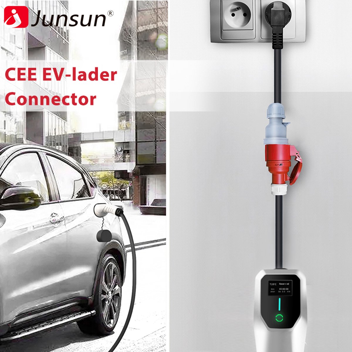 Elektrische voertuiglaadadapter - 3-fase naar 1-fase, 230V, EU Schuko-stekker, verbeterde veiligheid
