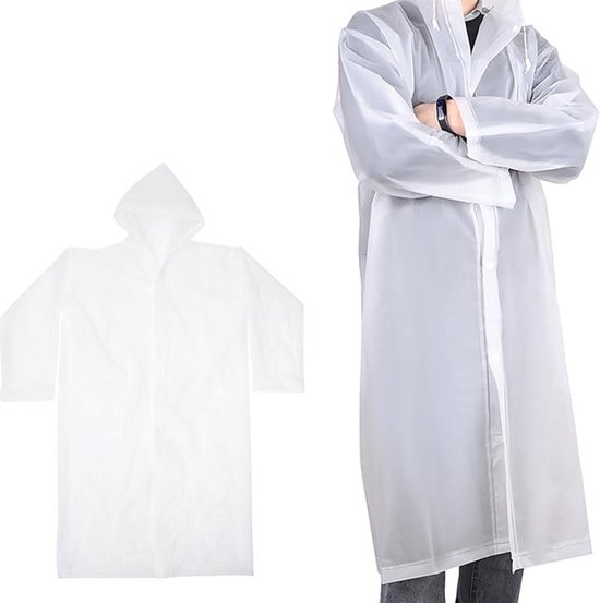 Transparante regenponcho, lang model met capuchon, naast een opgevouwen regenponcho.
