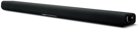 Zwarte soundbar, schuin van voren gefotografeerd op een witte achtergrond.