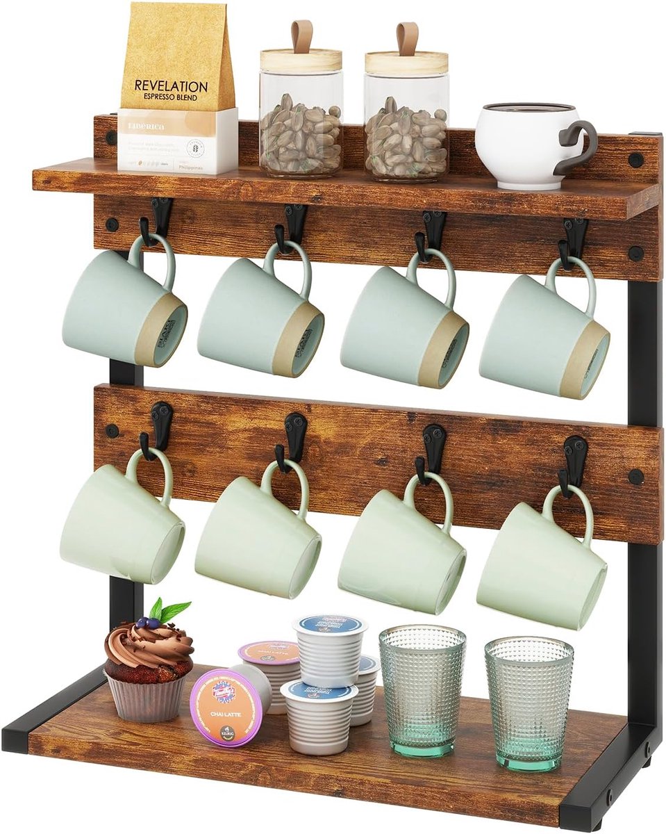 Retadou - Vintage bekerhouder met 8 haken, koffiebekerhouder voor aanrecht, bekerframe met opbergbodem, voor keuken, eetkamer, café, 40 x 15 x 40 cm, vintage bruin