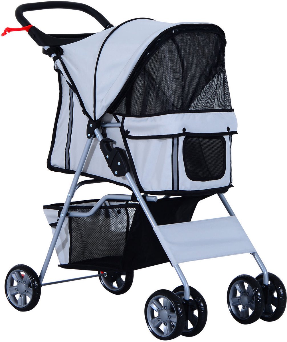 Hondenbuggy L99 x B45 x H86cm met zonnedak en opbergnet Grijs Hondenwandelwagen