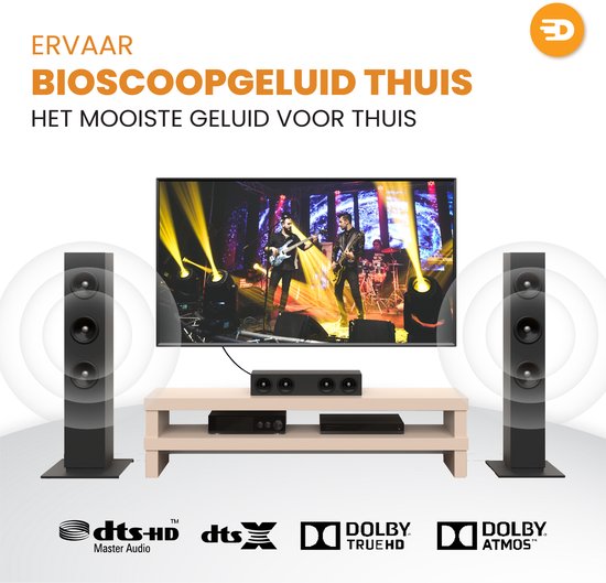 Opstelling met tv, luidsprekers en soundbar voor bioscoopgeluid thuis met ondersteuning voor DTS HD en Dolby Atmos.